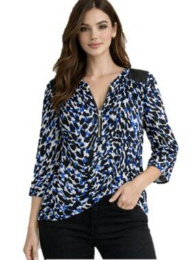 Chico's 1 Easywear Women's Blouse Size 8 Blue Black Animal Print Zipper V Neck